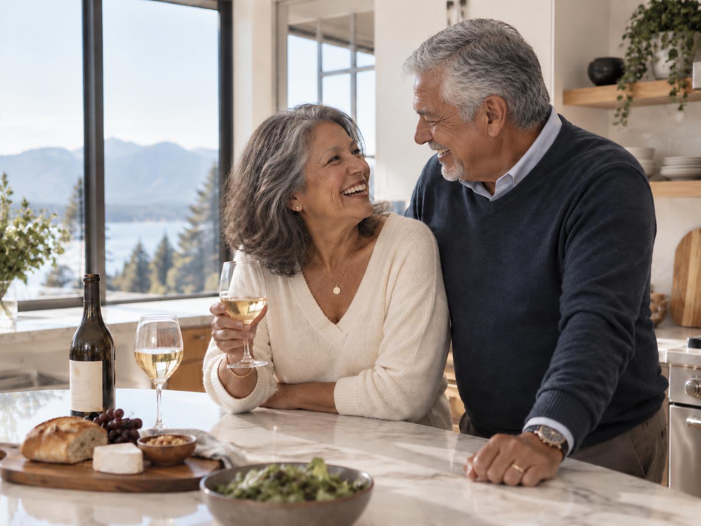 A smiling couple in their sixties in a bright modern kitchen